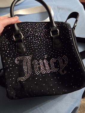 Juicy Couture Black Crossbody Satchel with Iridescent Crystal 'True' Script